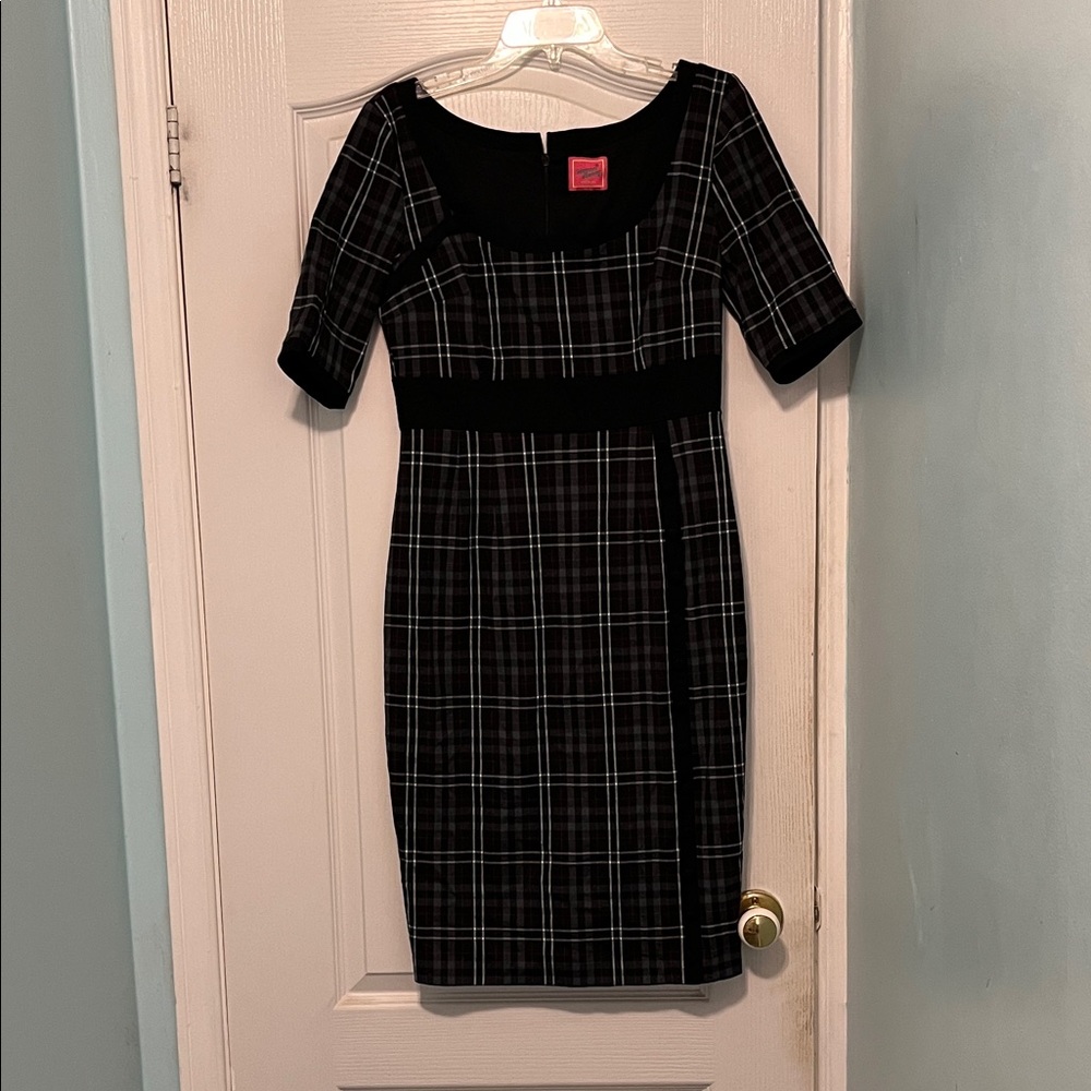 Black white grey red Plaid Dress with button detailing.